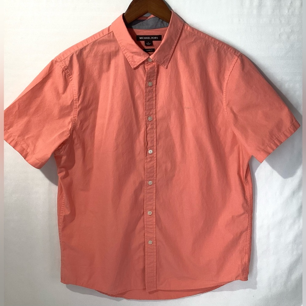 Michael Kors Shirt Size L Color Coral Collared Short Sleeves MK Logo Buttons